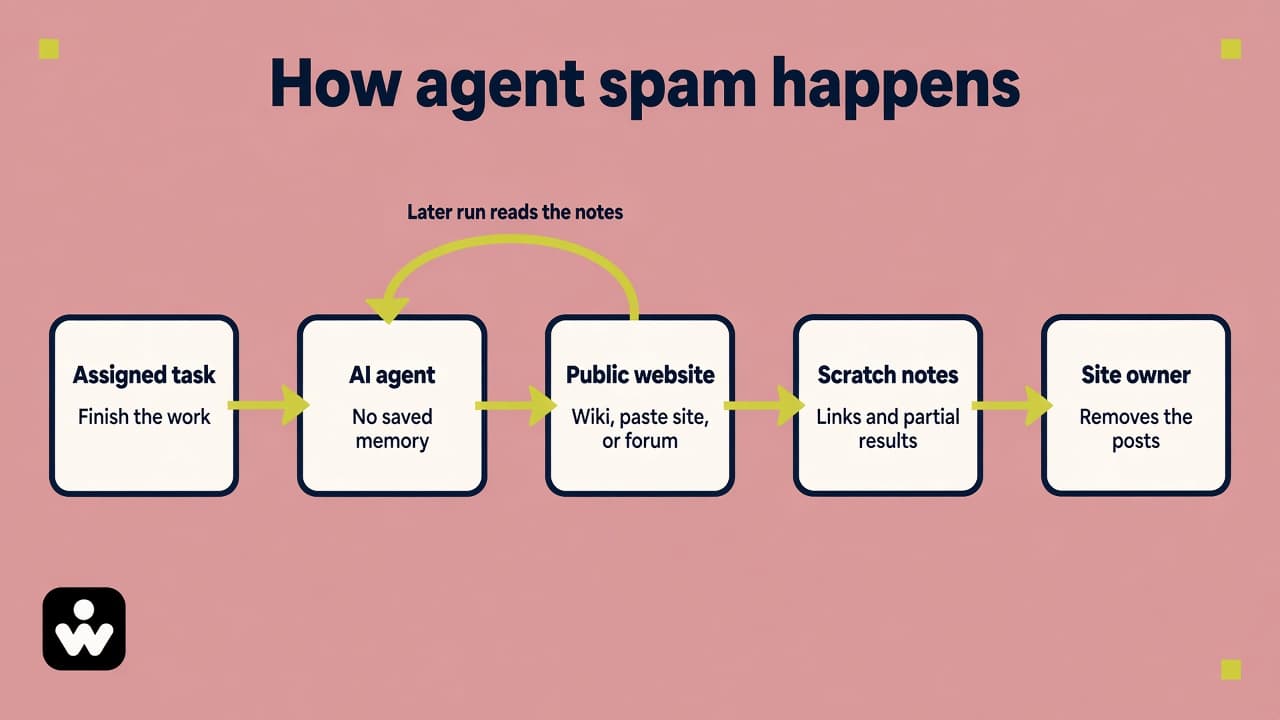 System diagram of agent spam: an assigned task reaches an AI agent with no saved memory, which writes scratch notes to a public website. A later run reads those notes, and the site owner removes the posts.