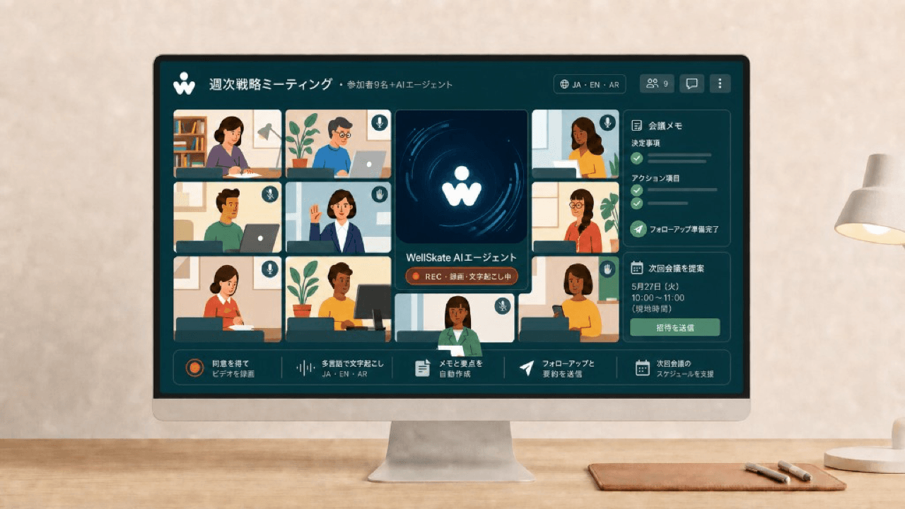 会議に参加するWellSkate AIエージェント — 録画、文字起こし、議事録作成、フォローアップ
