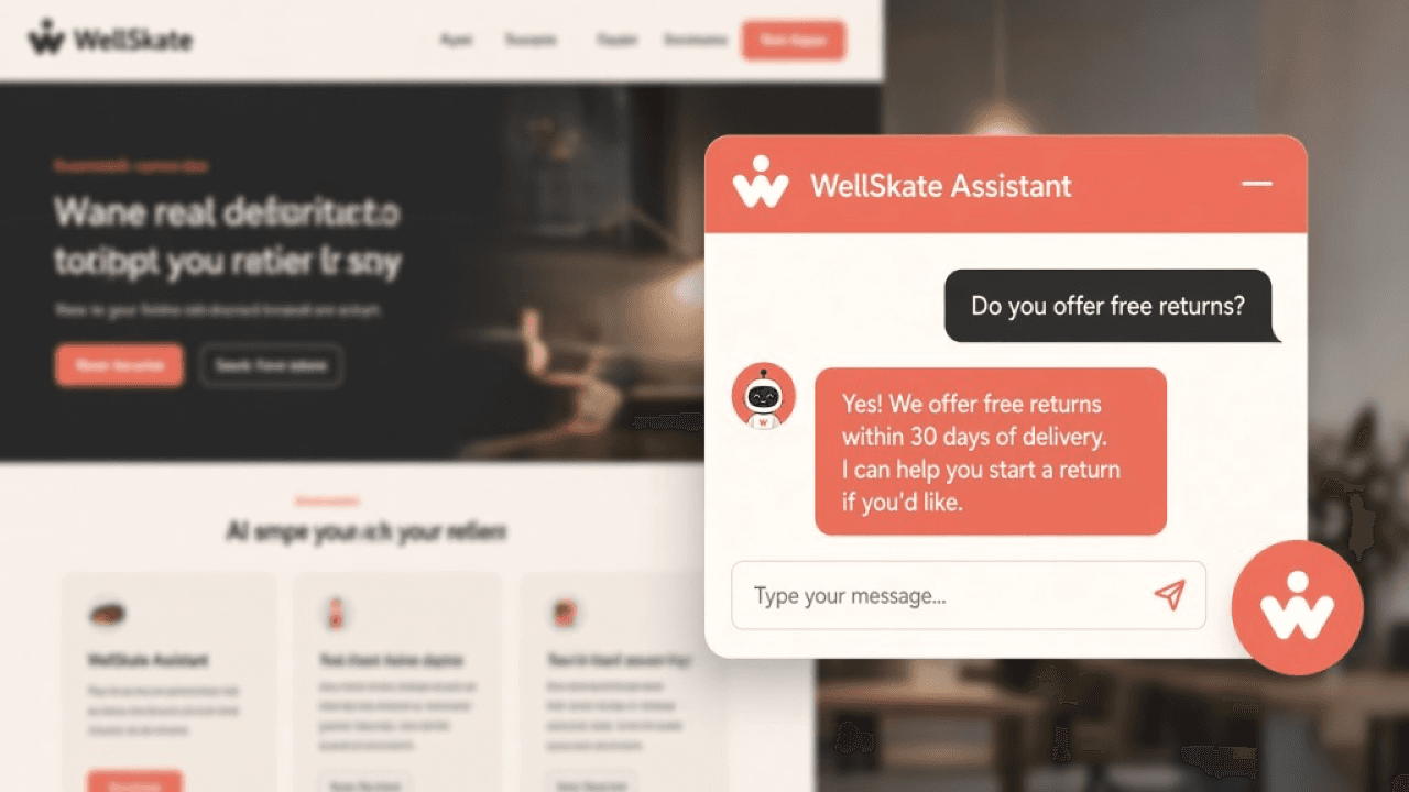 WellSkate AI chatbot on a website — WellSkate AI Assistant helping a visitor with product questions